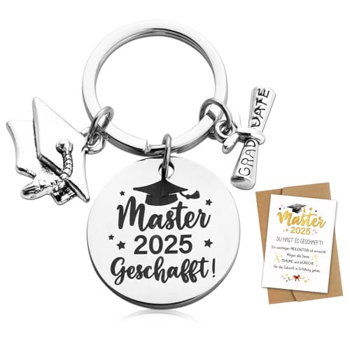 BOFUNX Master Abschluss Geschenk, Master 2025 Schlüsselanhänger + Master Glückwunschkarte + Umschlag, Bestanden Prüfung Geschenk Männer Frauen Geschenk zum Master Abschluss von BOFUNX