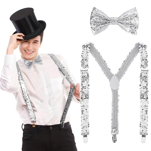 BOFUNX Silvester Kostüm Accessories, Pailletten Hosenträger und Fliege glitzer Silvester Outfit für Karneval Mottoparty JGA Herren Damen Kostüm Zubehör (Silber) von BOFUNX