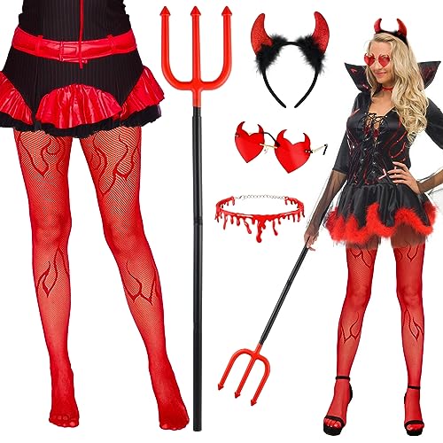 BOFUNX Teufelshörner Kostüm Set Teufelshörner Teufelsgabel Teufel Flügel mit Fliege Gesicht Strasssteine Halloween Party Zubehör für Erwachsene Damen Karneval Cosplay von BOFUNX