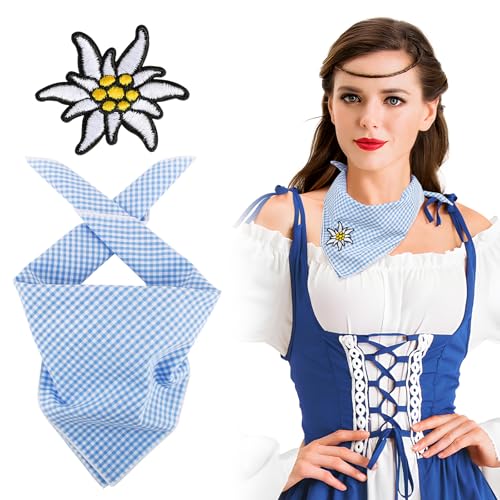 BOFUNX Trachtentuch Blau Weiß Kariert Halstuch Kopftuch und Edelweiß Aufnäher für Oktoberfest Bayern Trachten Party Kostüm Zubehör von BOFUNX