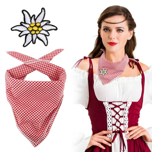 BOFUNX Trachtentuch Rot Weiß Kariert Halstuch Kopftuch und Edelweiß Aufnäher für Oktoberfest Bayern Trachten Party Kostüm Zubehör von BOFUNX