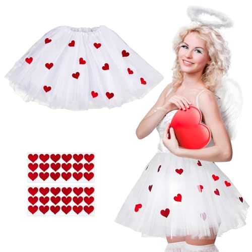 BOFUNX Damen Tüllrock Weiß Tutu Rock Minirock mit 36pcs Herz Sticker Glitzer Aufkleber für Valentinstag Karneval Mottoparty Amor Kostüme Accessoires von BOFUNX