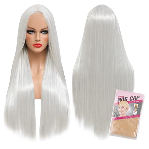 Damen Lange Silber Perücke 75cm Silber Gerade Perücke Cosplay Perücke Halloween Synthetische Perücken mit Haarnetz für Halloween Tägliche Karneval Fasching Cosplay Party von BOFUNX