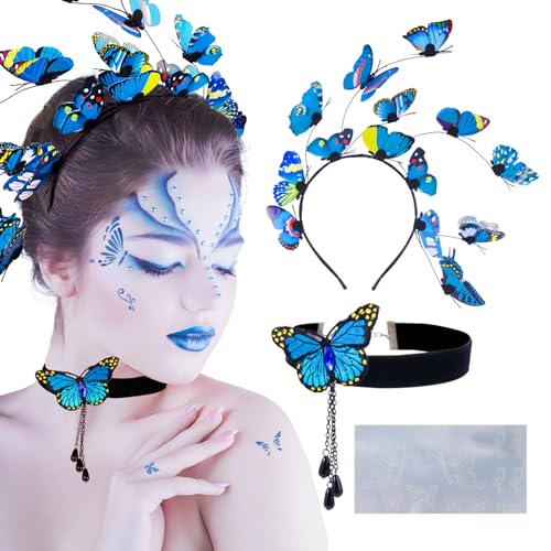 Damen Schmetterling Kostüm, Schmetterling Haarreif Schmetterling Halskette Schmetterling Tattoo Schablone Schmetterling Haarschmuck für Karneval Fasching Halloween Tägliche Kostümparty von BOFUNX
