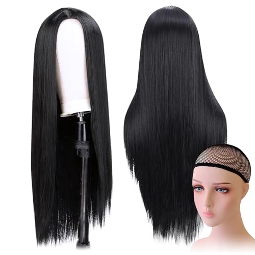 Damen Lange Schwarz Perücke 75cm Schwarz Gerade Perücke Cosplay Perücke Halloween Synthetische Perücken mit Haarnetz für Halloween Tägliche Karneval Fasching Cosplay Party von BOFUNX