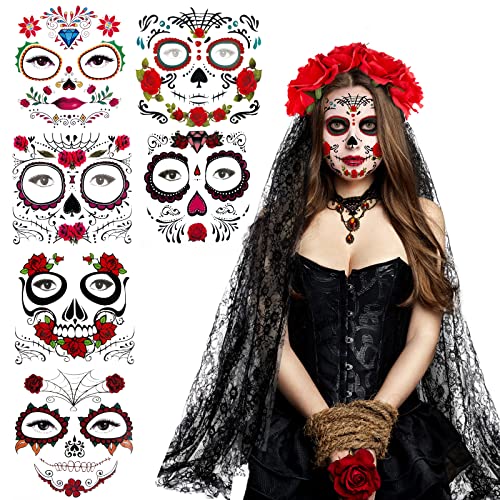 Halloween Tag der Toten Haarreif mit Schleier + 6*Gesichtstattoo, Dia De Los Muertos Rose Blumenschleier Stirnband Mexikanische Haarband für Halloween Fasching Maskerade Cosplay Party von BOFUNX