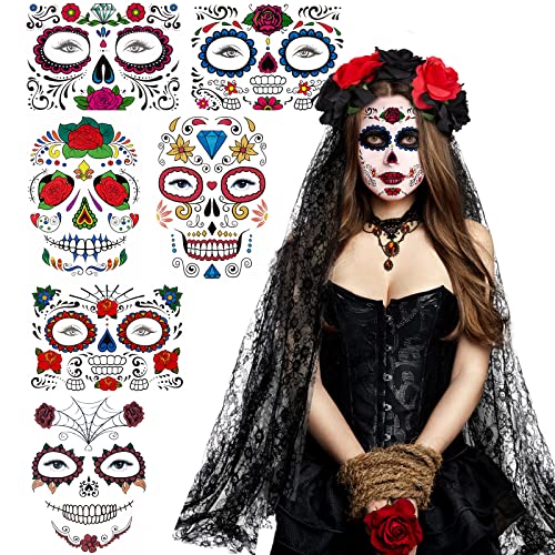 Halloween Tag der Toten Haarreif mit Schleier + 6*Gesichtstattoo, Dia De Los Muertos Rose Blumenschleier Stirnband Mexikanische Haarband für Halloween Fasching Maskerade Cosplay Party von BOFUNX
