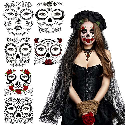 Halloween Tag der Toten Haarreif mit Schleier + 6*Gesichtstattoo, Dia De Los Muertos Rose Blumenschleier Stirnband Mexikanische Haarband für Halloween Fasching Maskerade Cosplay Party von BOFUNX