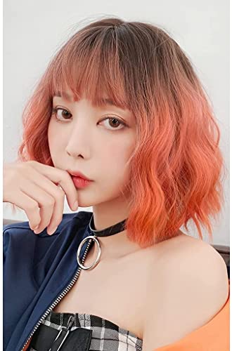 Haar PerüCke Kurze Farbverlaufsperücken Mit Luftknallen, Kurze Perücke Für Frauen, Lockig, Cosplay, 17-Zoll-Perücke Für Mädchen TäGlichen Gebrauch PerüCke (Color : Gradient Orange) von BOGAZY