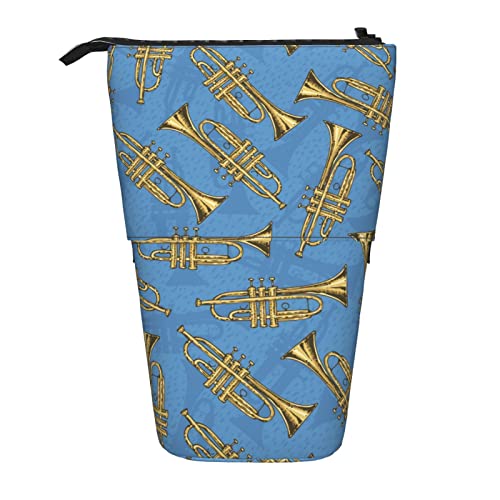 BOHHO Teleskop-Bleistifttasche, goldene Trombones of Music Notes-Muster, Federmäppchen, Stifthalter, Make-up-Tasche, Kosmetik-Organizer, Box, Unisex von BOHHO