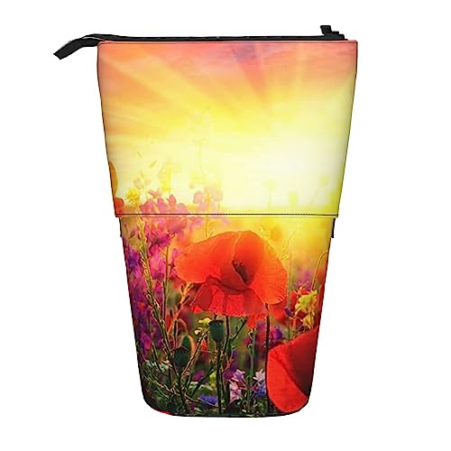 Teleskop-Bleistifttasche, Sonnenaufgang, rote Blumen, Federmäppchen, Stiftetui, Halter, Make-up-Tasche, Kosmetik-Organizer, Tasche, Box, Unisex von BOHHO