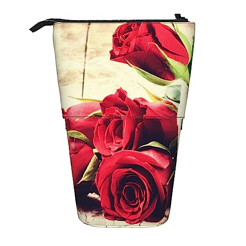 Teleskop-Bleistifttasche mit roten Rosen und Blumen, Federmäppchen, Stifthalter, Make-up-Tasche, Kosmetik-Organizer, Box, Unisex von BOHHO