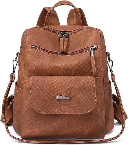 BOHJPIS Rucksack Damen Wasserdicht Leichtgewicht PU Mode Reisen Mehrzweck Umhängetasche Handtasche schulrucksack (Braun) von BOHJPIS