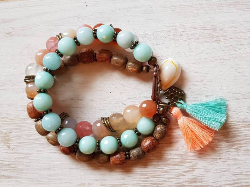 3 Reihe Armband 10mm Braun Holz Perlen Aquamarin Pfirsich Bronze Grün Quasten Und Charms - Bohoseason 3 Reihe Armband 10mm Braun Holz Perlen Aquamarin Pfirsich Bronze Grün Quasten Und Charms - Bohoseason von BOHOSEASON