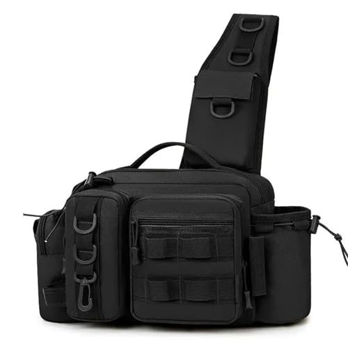 BOJHGO Angeltasche Angelgerät Rucksack Locken Box Getriebe Lagerung Tasche Fanny Pack for Männer Fliegen Angeln Rucksack Mit Rute Halter Sling Schulter Tasche(Black) von BOJHGO