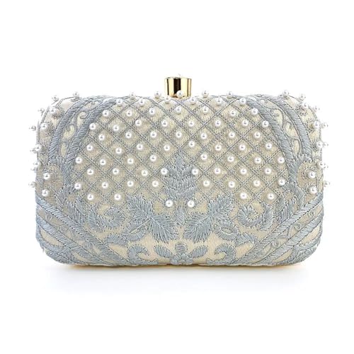 BOJHGO Exquisite Stickerei Abendtasche Luxuriöse Handtasche Kleine quadratische Partytasche Bankett Hochzeitstasche Clutch Geldbörsen for Frauen(Apricot and Silver) von BOJHGO