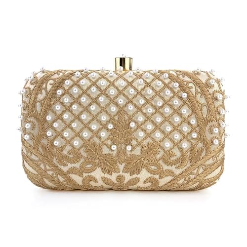 BOJHGO Exquisite Stickerei Abendtasche Luxuriöse Handtasche Kleine quadratische Partytasche Bankett Hochzeitstasche Clutch Geldbörsen for Frauen(Apricot and gold) von BOJHGO