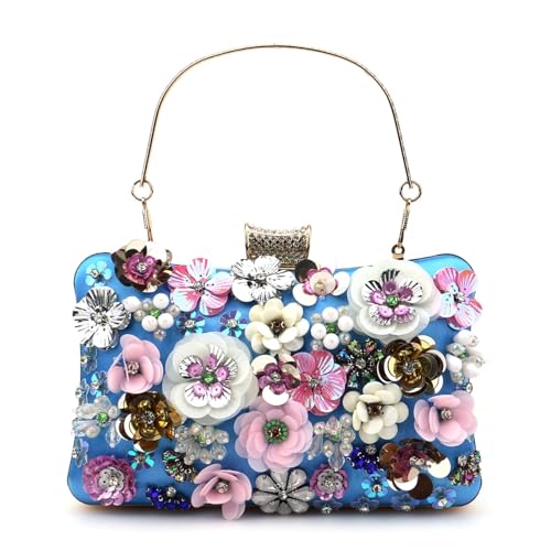 BOJHGO Frauen Taschen Blume Diamanten Stickerei Kleine Kupplung Dame Handtaschen Abend Ankunft Kette Schulter Geldbörse(Blue2) von BOJHGO