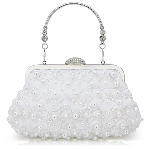 BOJHGO Helle Seide Abendtasche Mode kreisförmige Strass dekorative Kette Bankett Clutch Umhängetaschen Hochzeit Party(White) von BOJHGO