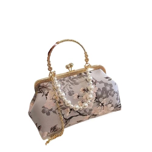 BOJHGO Herbst Retro Stickerei Druck Handtasche Perle Perlen Abend Taschen for Frauen Hochzeit Party Kleine Kupplungen Gold Kette Schulter Tasche(Gray) von BOJHGO