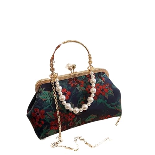 BOJHGO Herbst Retro Stickerei Druck Handtasche Perle Perlen Abend Taschen for Frauen Hochzeit Party Kleine Kupplungen Gold Kette Schulter Tasche(Red) von BOJHGO