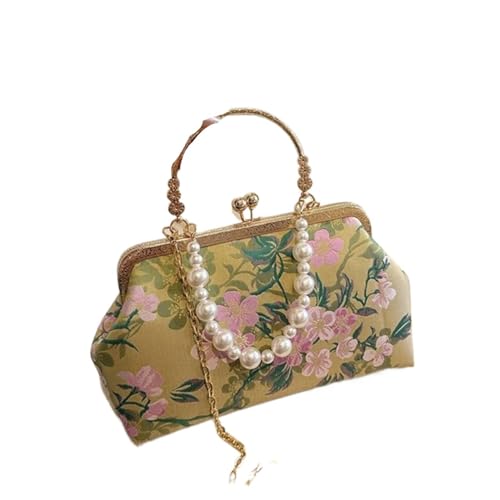 BOJHGO Herbst Retro Stickerei Druck Handtasche Perle Perlen Abend Taschen for Frauen Hochzeit Party Kleine Kupplungen Gold Kette Schulter Tasche(Yellow) von BOJHGO