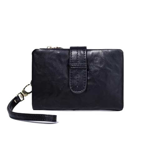 BOJHGO Kleine Retro-Geldbörse im kurzen Stil, Faltbare Damen-Geldbörse aus Leder mit Mehreren Kartenfächern und Reißverschlusstaschen Brieftasche Damen(Black) von BOJHGO