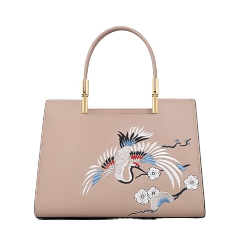 BOJHGO Leder-Damentasche, Stickerei, leichte Mutter mittleren Alters, Messenger-Umhängetasche, Handtasche, Damentasche(Apricot) von BOJHGO
