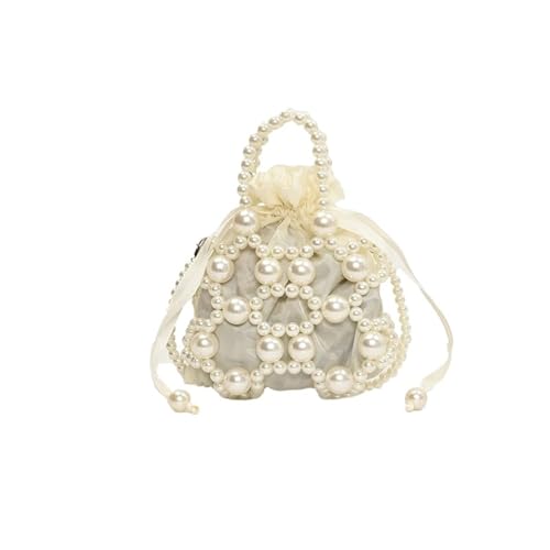 BOJHGO Perlentasche Schlichte Perlentasche for Damen, elegante kleine Handtasche, weibliche Schulter-Umhängetasche, handgefertigte Perlen-Hohltasche for Partys(Beige,14 * 5 * 12cm) von BOJHGO