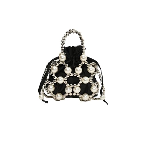 BOJHGO Perlentasche Schlichte Perlentasche for Damen, elegante kleine Handtasche, weibliche Schulter-Umhängetasche, handgefertigte Perlen-Hohltasche for Partys(Black,14 * 5 * 12cm) von BOJHGO