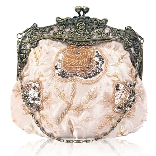 BOJHGO Retro-Stickerei-Designer-Taschen, luxuriöse Geldbörsen und Handtaschen, Perlentasche, Pailletten-Clutch-Geldbörse, Ketten-Schulter-Abendtasche(Champagne) von BOJHGO