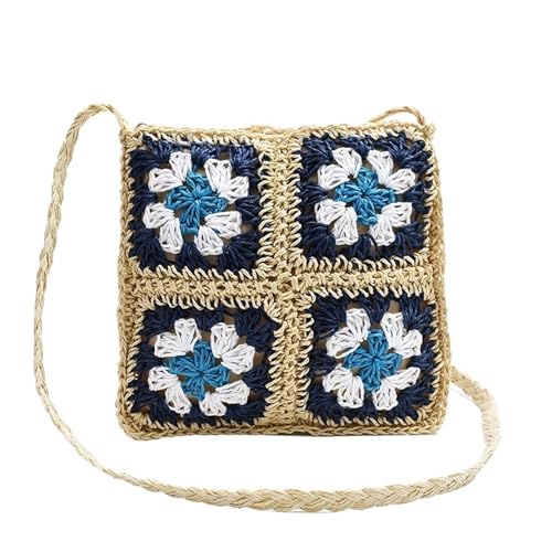 BOJHGO Strohtasche Damen Strohtasche Aushöhlen Gewebte Strand Schultertasche for Den Sommer Kleine Blume Umhängetasche Reisetasche(Blue) von BOJHGO