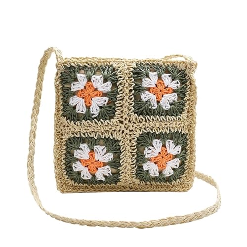 BOJHGO Strohtasche Damen Strohtasche Aushöhlen Gewebte Strand Schultertasche for Den Sommer Kleine Blume Umhängetasche Reisetasche(Green) von BOJHGO