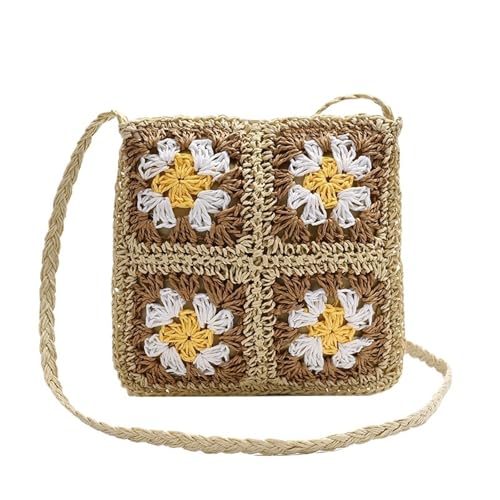 BOJHGO Strohtasche Damen Strohtasche Aushöhlen Gewebte Strand Schultertasche for Den Sommer Kleine Blume Umhängetasche Reisetasche(Light brown) von BOJHGO
