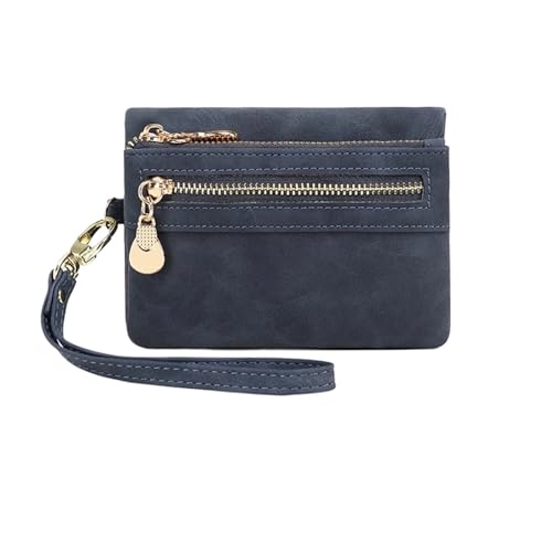 Kurze Retro-Geldbörse mit doppelter Faltung und Münzfach mit Reißverschluss, Mehreren Kartenfächern, lässige tragbare Kartenbörse Brieftasche Damen(Dark Blue) von BOJHGO