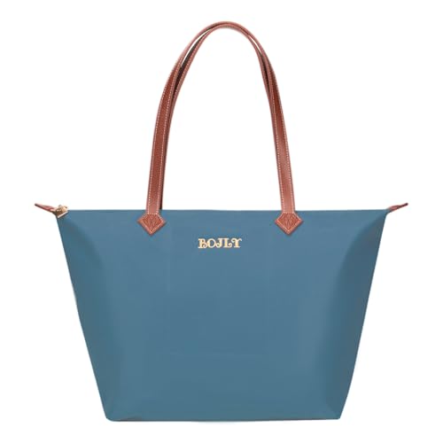 BOJLY Tote Bag Groß Shopper Tasche Damen, Leichte Faltbare Handtasche, Wasserdichte Nylon Schultertasche Damen mit Reißverschluss für Arbeit, Schule, Einkauf, Reisen (Pfauenblau) von BOJLY