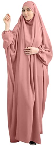 BOJON Muslimisches Einfarbig Damen Lose einteiliges Gebetskleid Full Cover Hooded Islamic Abaya Kaftan mit Hijab konservative Kleidung Gebetskleid den Ramadan für Ethnische, Abend, Party (Rosa) von BOJON