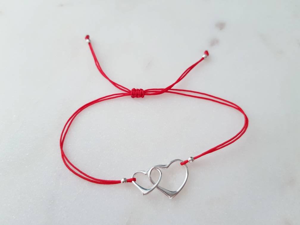 925 Sterling Silber Doppelherz Auf Seidenkordel Armband 925 Sterling Silber Doppelherz Auf Seidenkordel Armband von BOKOLOS