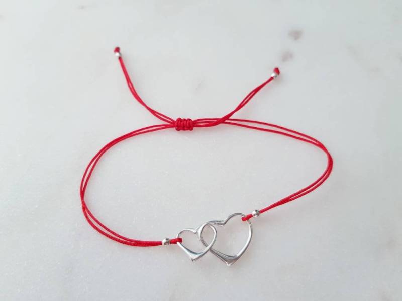 925 Sterling Silber Doppelherz Auf Seidenkordel Armband 925 Sterling Silber Doppelherz Auf Seidenkordel Armband von BOKOLOS