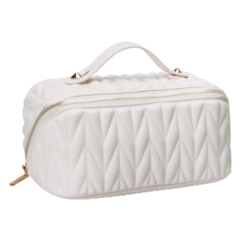 BOLAXHCA Reise-Make-up-Tasche aus Leder, große Kapazität, Kulturbeutel für Damen, mit Innentasche, einfache Installation, einfach zu bedienen, Weiß von BOLAXHCA