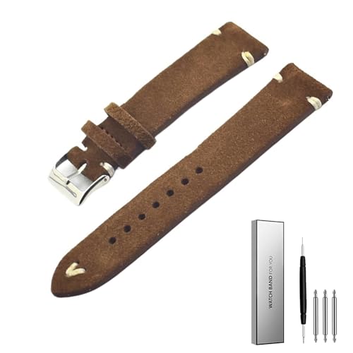 BOLEXA 18mm 20mm 22mm Mann Frauen Armband handgemachte Wildleder Leder braun Armbanduhr Band Strap Gürtel Uhrenarmbänder (Color : Brown-White Line, Size : 18mm) von BOLEXA