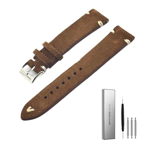 BOLEXA 18mm 20mm 22mm Mann Frauen Armband handgemachte Wildleder Leder braun Armbanduhr Band Strap Gürtel Uhrenarmbänder (Color : Brown-White Line, Size : 20mm) von BOLEXA