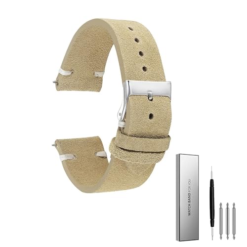 BOLEXA Echtes Wildleder Leder Uhrenarmbänder Armband Khaki Retro Handgefertigtes Uhrenarmband for Damen Herren 18mm 20mm 22mm Armband (Color : Khaki-White Line, Size : 24mm) von BOLEXA