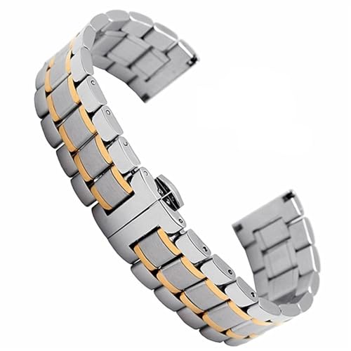 BOLEXA Edelstahl-Uhrenarmband, Metallarmband, 12, 13, 14, 15, 16, 17, 18, 19, 20, 21, 22, 23, 24 mm, gebogenes Ende (Color : Silver Gold, Size : 24mm) von BOLEXA