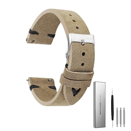 BOLEXA Handgefertigtes Armband aus echtem Wildleder, Uhrenzubehör, Khaki, Retro-Uhrenarmband, 18 mm, 20 mm, 22 mm, 24 mm (Color : Khaki-Black Line, Size : 24mm) von BOLEXA