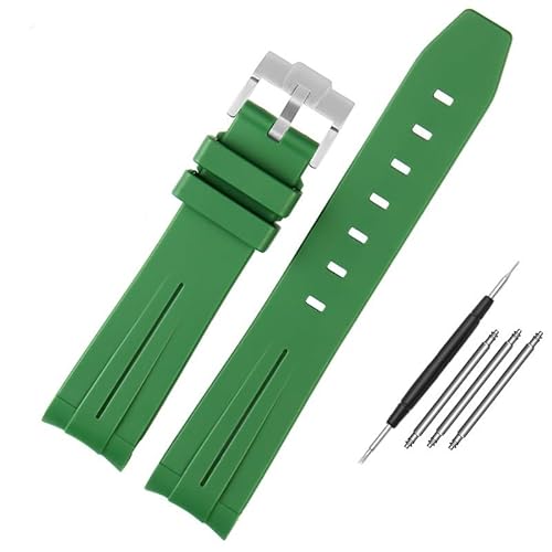 BOLEXA Silikonarmband 20 mm 22 mm gebogenes Gummi-Uhrenarmband, weiches Silikon-Armband, Handgelenkband, Schnellverschluss-Uhrenarmbänder (Color : Green-silver bucke, Size : 21mm) von BOLEXA