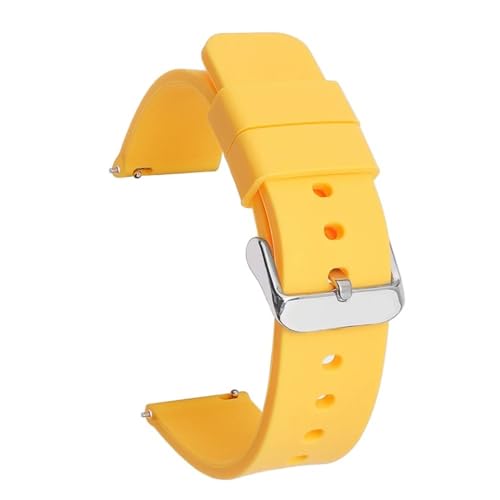 BOLEXA Silikonarmband Schnellverschluss-Uhrenarmband for aktive Uhr, 14/16/18/19/20/21/22/24 mm, Gummiband, for Damen und Herren, Ersatzarmband (Color : Yellow silver buckle, Size : 18mm) von BOLEXA