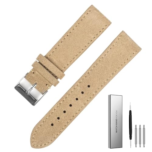 BOLEXA Wildleder Echtes Leder Uhrenarmband 18mm 20mm 22mm Armband Edelstahl Schnalle Männer Frauen Uhr Zubehör (Color : Beige, Size : 18mm) von BOLEXA