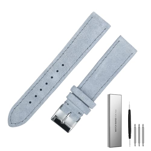 BOLEXA Wildleder Echtes Leder Uhrenarmband 18mm 20mm 22mm Armband Edelstahl Schnalle Männer Frauen Uhr Zubehör (Color : Light blue, Size : 20mm) von BOLEXA