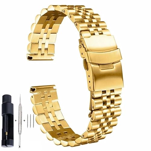 BOLEXA edelstahl uhrenarmband 18 19 20 21 22 23 24 26 28 30 mm breites Edelstahl-Uhrenarmband, luxuriöser, hochwertiger Flachkopf-Universalgürtel in großer Größe (Color : Gold, Size : 19mm) von BOLEXA